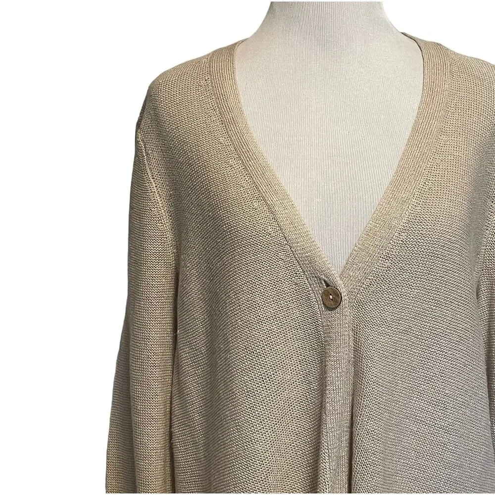 J. Jill Linen Blend Single Button Cardigan Women's Medium Tan Lagenlook Topper